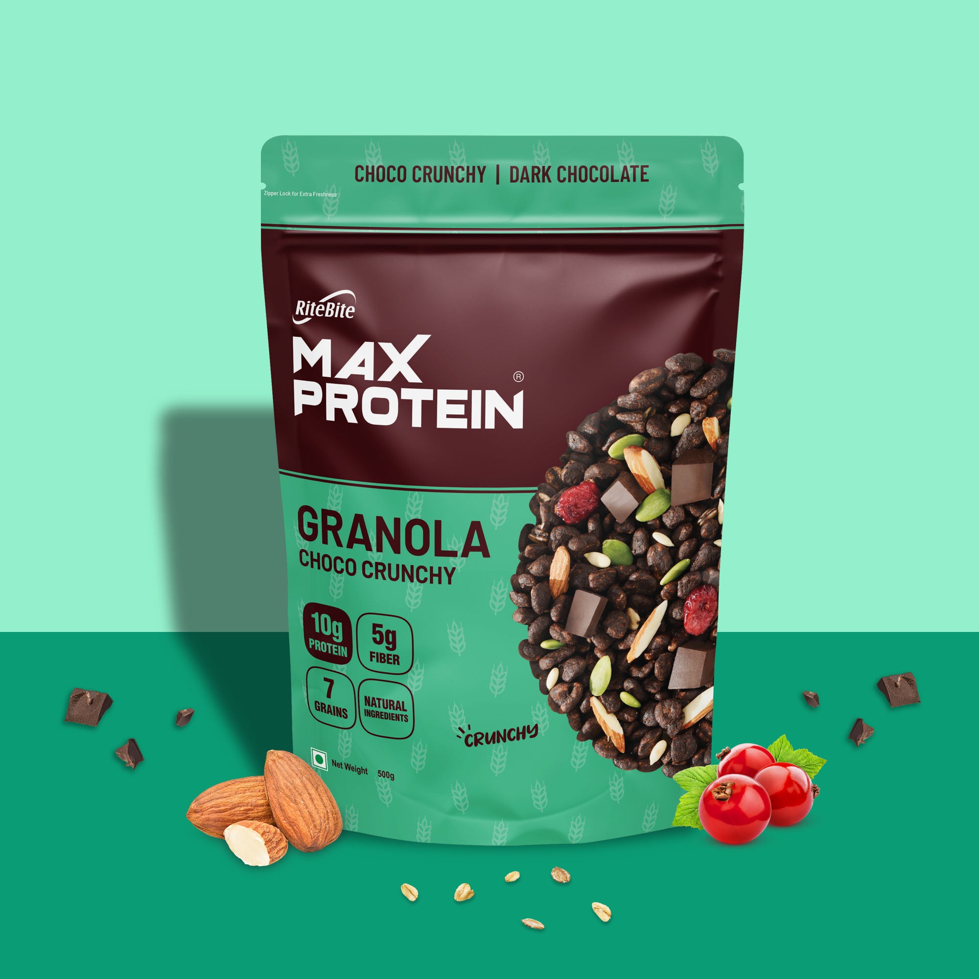 A green pack of Max Protein Granola with a depiction of the granola mix along with choco crunchy.