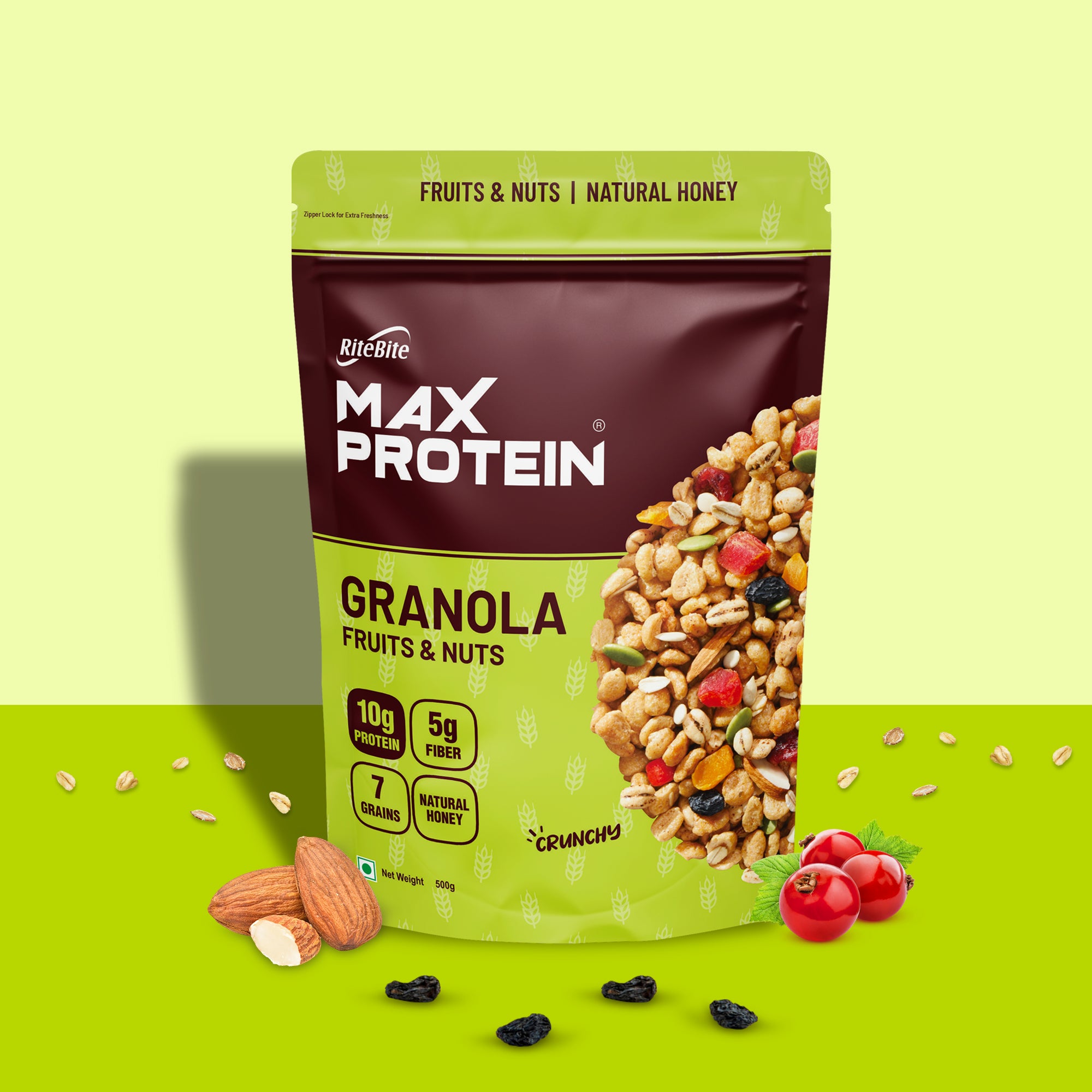 A pack of Max Protein Granola with Fruits & Nuts, showing the granola mix and fruits like berries and nuts, alongside a green background.