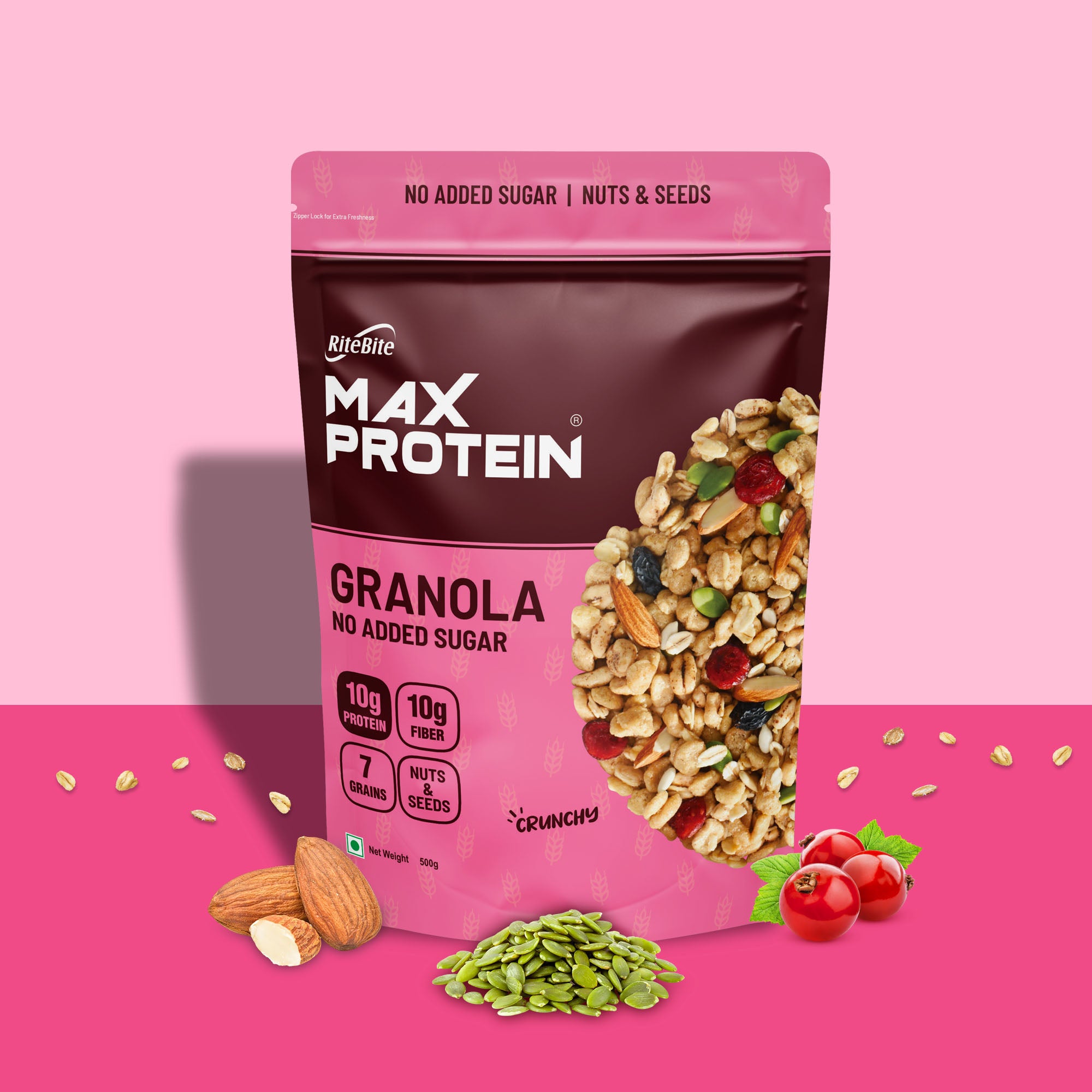 A pink pack of Max Protein Granola with a depiction of the granola mix along with nuts and seeds. The pack highlights 'No Added Sugar' and '10g Protein' benefits.