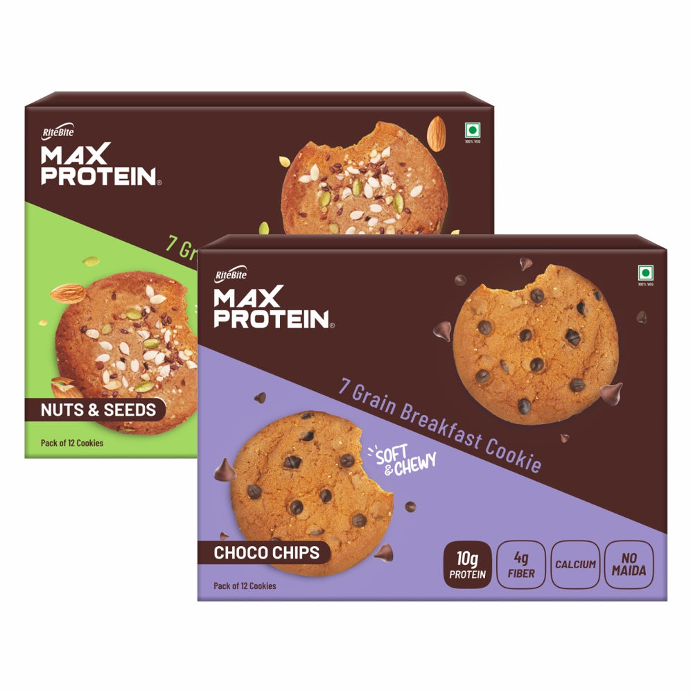 Max Protein - Choco Chips Cookie Pack of 12 + Max Protein - Nuts & Seeds Cookie Pack of 12
