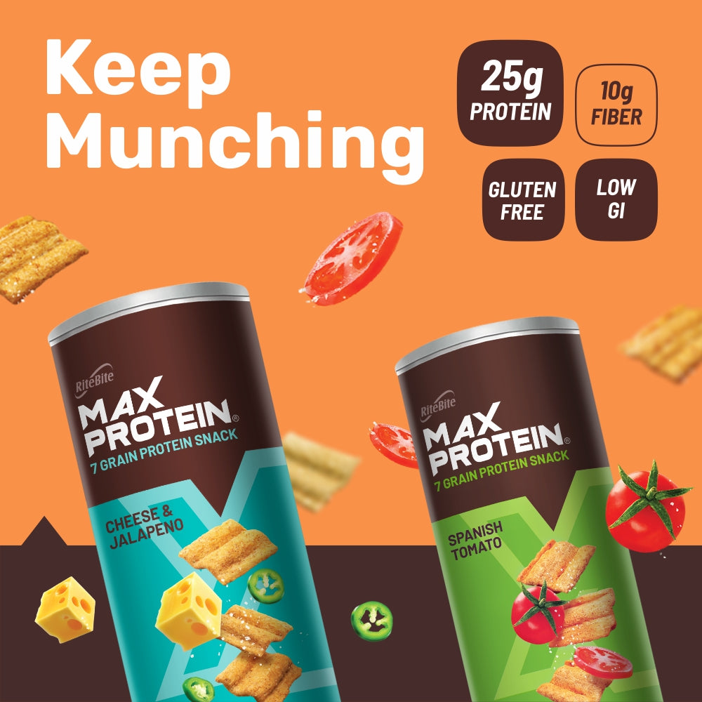Max Protein Assorted Chips Canister Pack of 6 (Spanish Tomato, Cheese & Jalapeno, Cream & Onion, Desi Masala, Peri Peri, Chinese Manchurian)